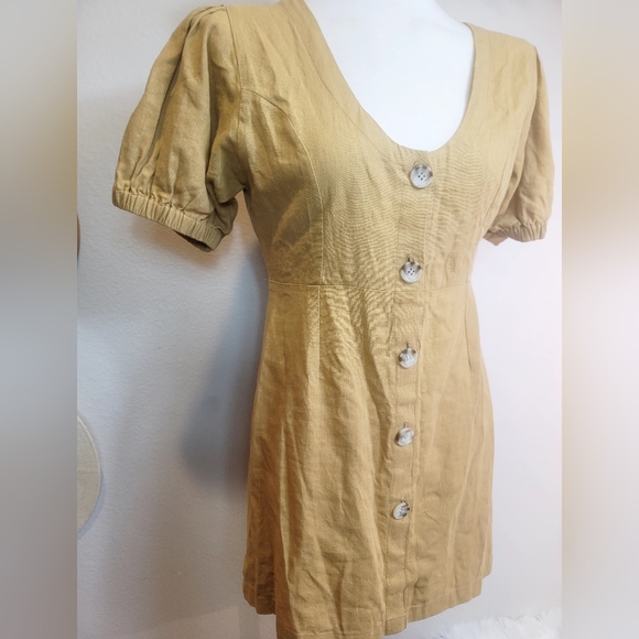 GILLIA 100% LINEN BUTTON UP ROUND NECK SHORT SLEEVES MUSTARD MINIDRESS SZ SMALL - Picture 3 of 16